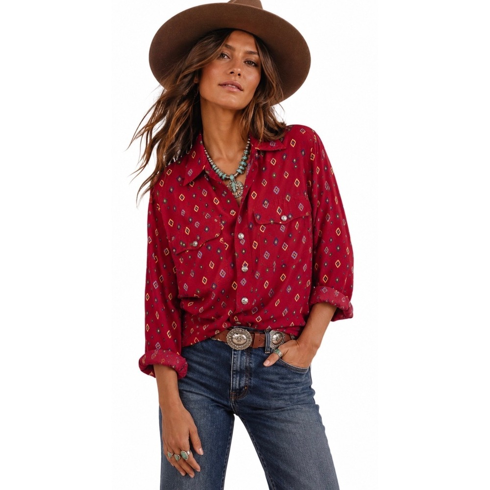 VTG Bechamel Southwestern Print Shirt Women Size M Festival Aztec Cowgirl Boho